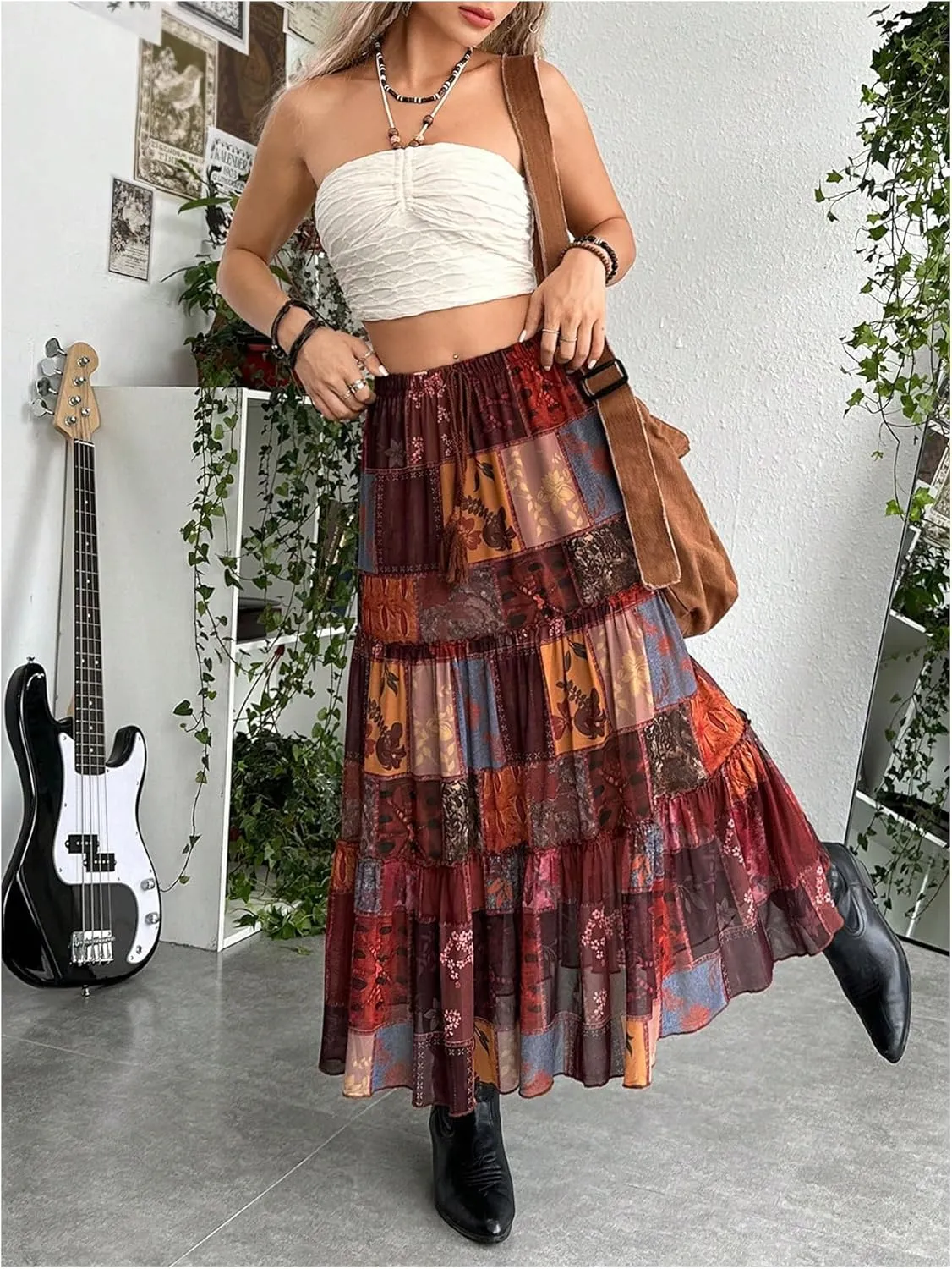 OYOANGLE Women's Boho Color Block Graphic Elastic Ruffle Layer Hem Flowy Long Maxi Skirt Fairy Grunge Skirts