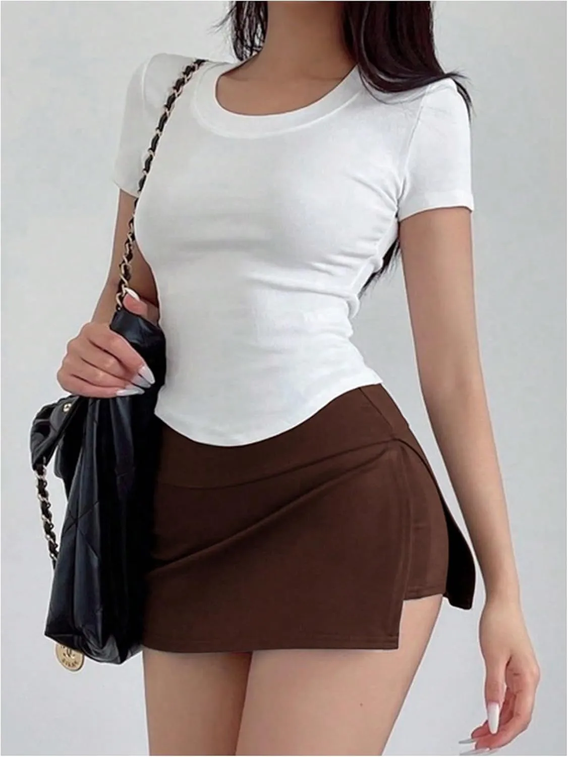 OYOANGLE Women's Elastic High Waisted Bodycon Skirts Asymmetrical Split Side Mini Skorts