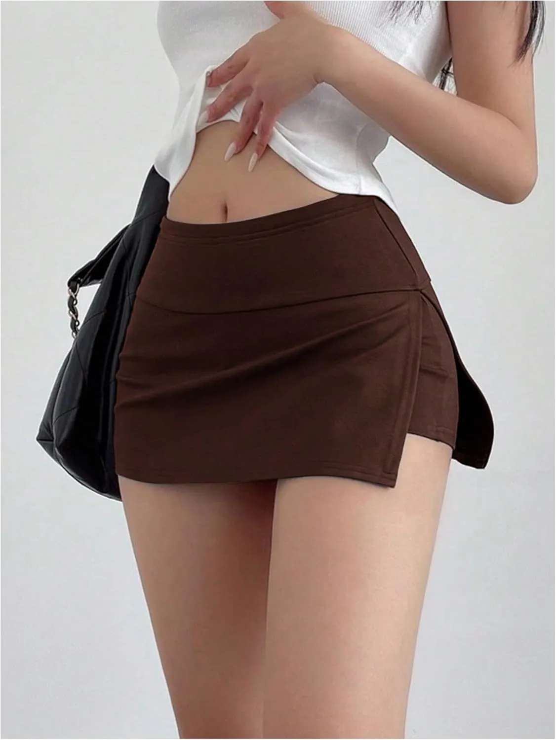 OYOANGLE Women's Elastic High Waisted Bodycon Skirts Asymmetrical Split Side Mini Skorts