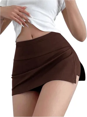 OYOANGLE Women's Elastic High Waisted Bodycon Skirts Asymmetrical Split Side Mini Skorts