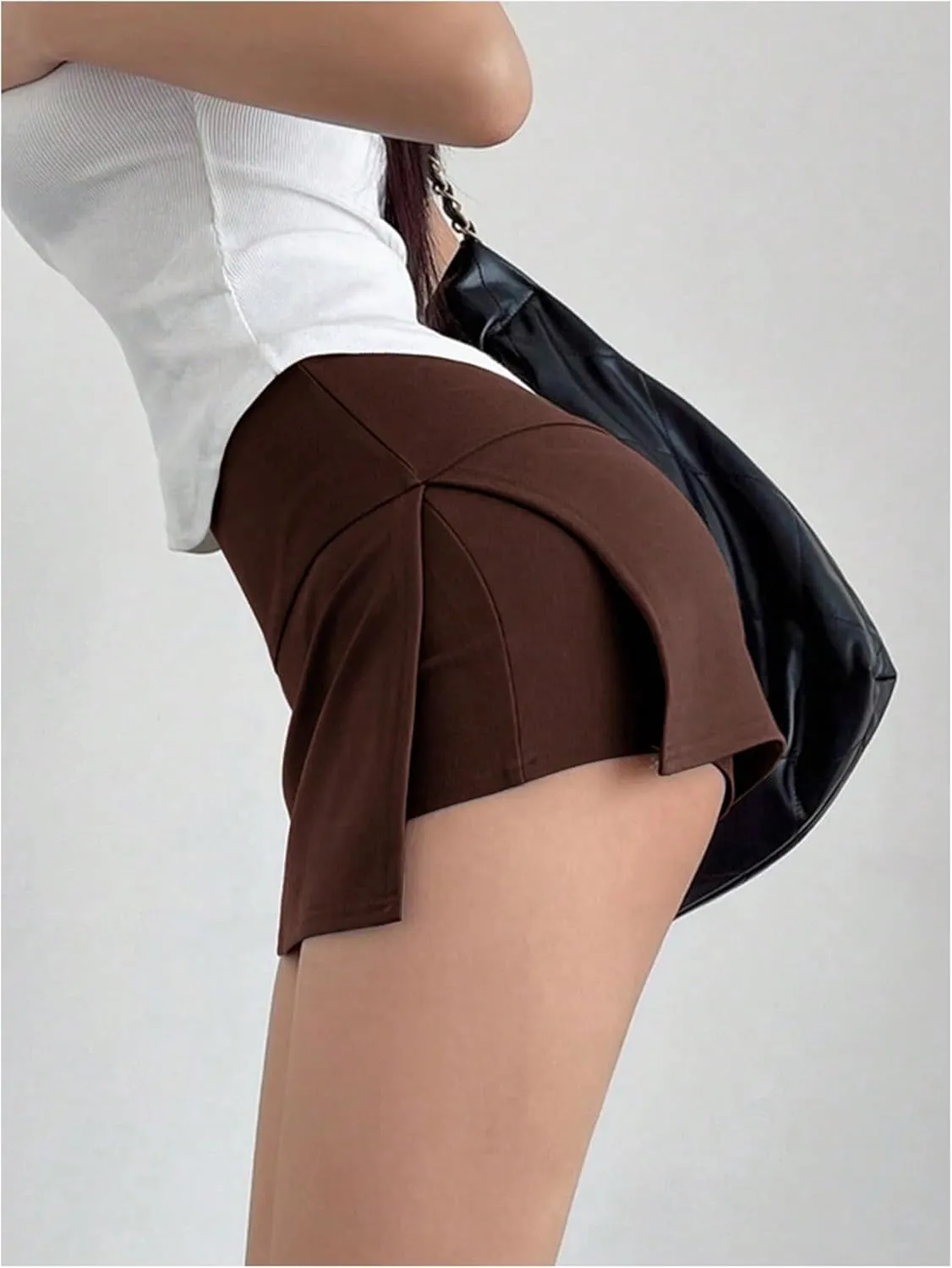 OYOANGLE Women's Elastic High Waisted Bodycon Skirts Asymmetrical Split Side Mini Skorts