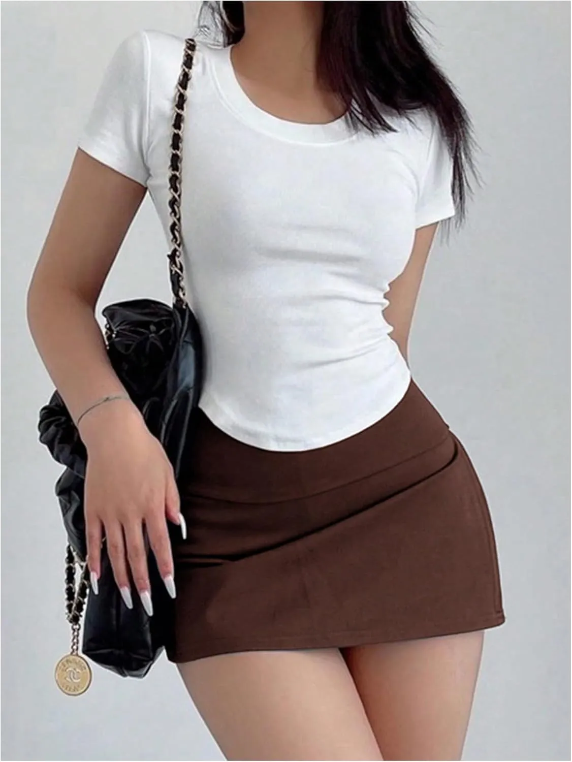 OYOANGLE Women's Elastic High Waisted Bodycon Skirts Asymmetrical Split Side Mini Skorts