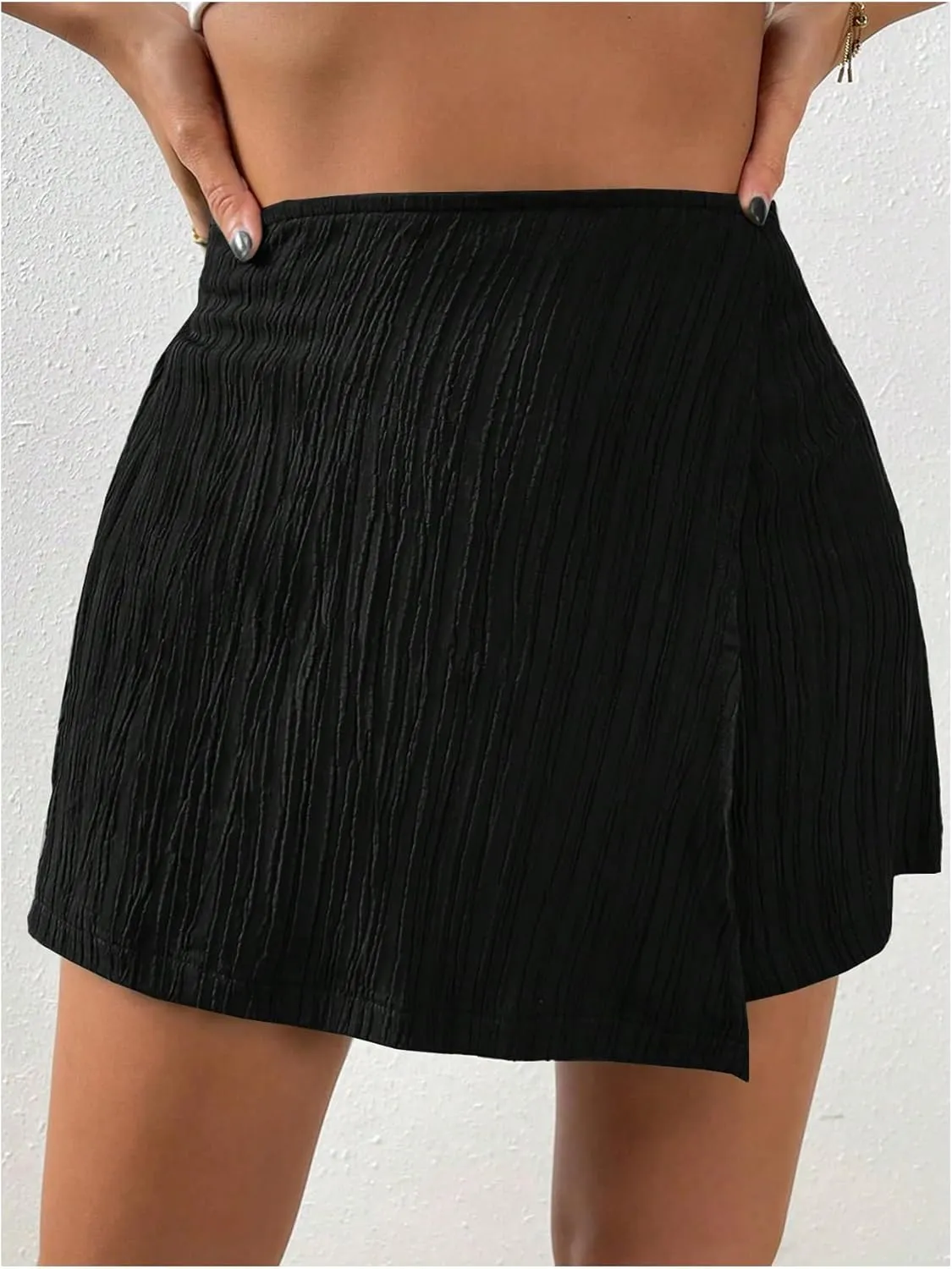 OYOANGLE Women's Textured Elastic Waist Shorts Asymmetrical Wrap Skirt Summer Casual Skorts