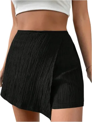 OYOANGLE Women's Textured Elastic Waist Shorts Asymmetrical Wrap Skirt Summer Casual Skorts