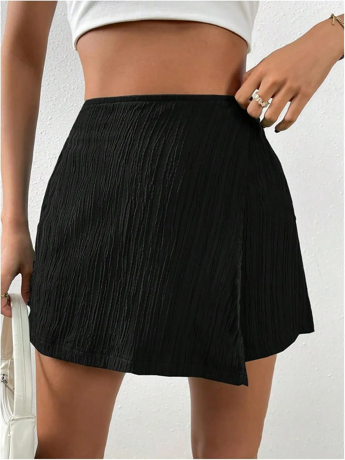 OYOANGLE Women's Textured Elastic Waist Shorts Asymmetrical Wrap Skirt Summer Casual Skorts