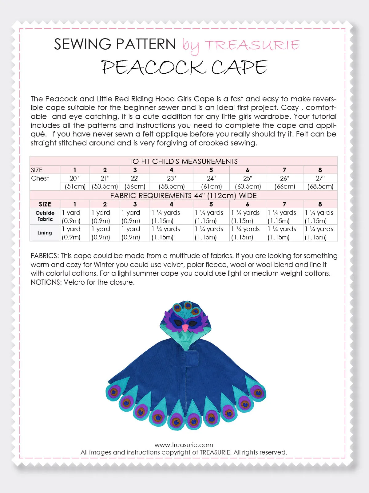 PEACOCK CAPE - Girls Cape Costume Sewing Pattern with Peacock Applique