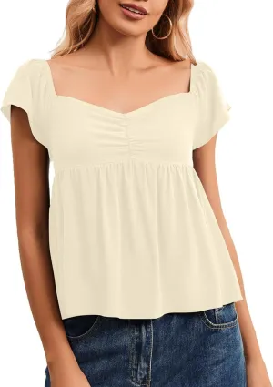 Peplum Tank Tops for Women Flutter Ruffle Short Sleeve Sweetheart Neck Cute Flowy Smocked Back Babydoll Tank Tops