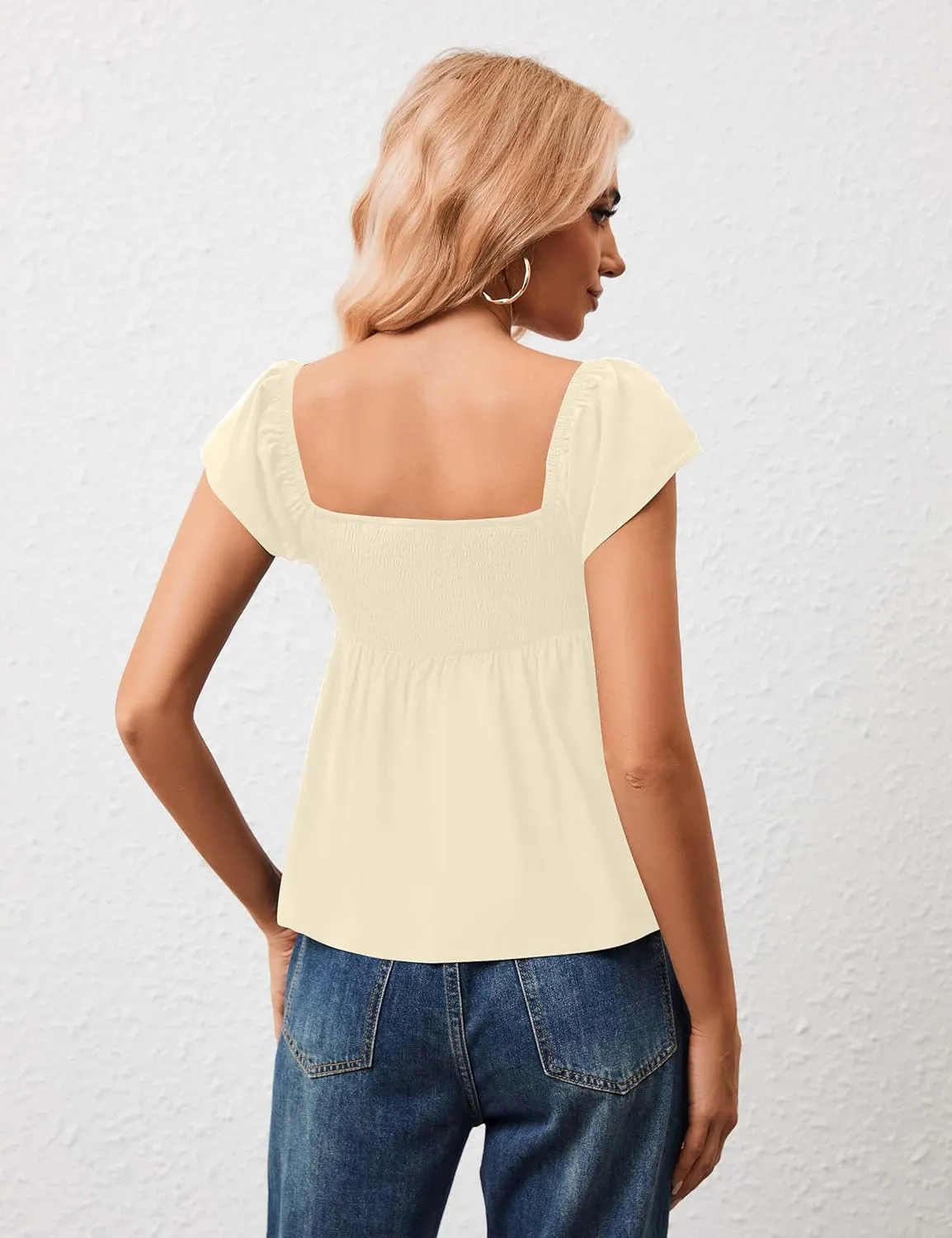 Peplum Tank Tops for Women Flutter Ruffle Short Sleeve Sweetheart Neck Cute Flowy Smocked Back Babydoll Tank Tops