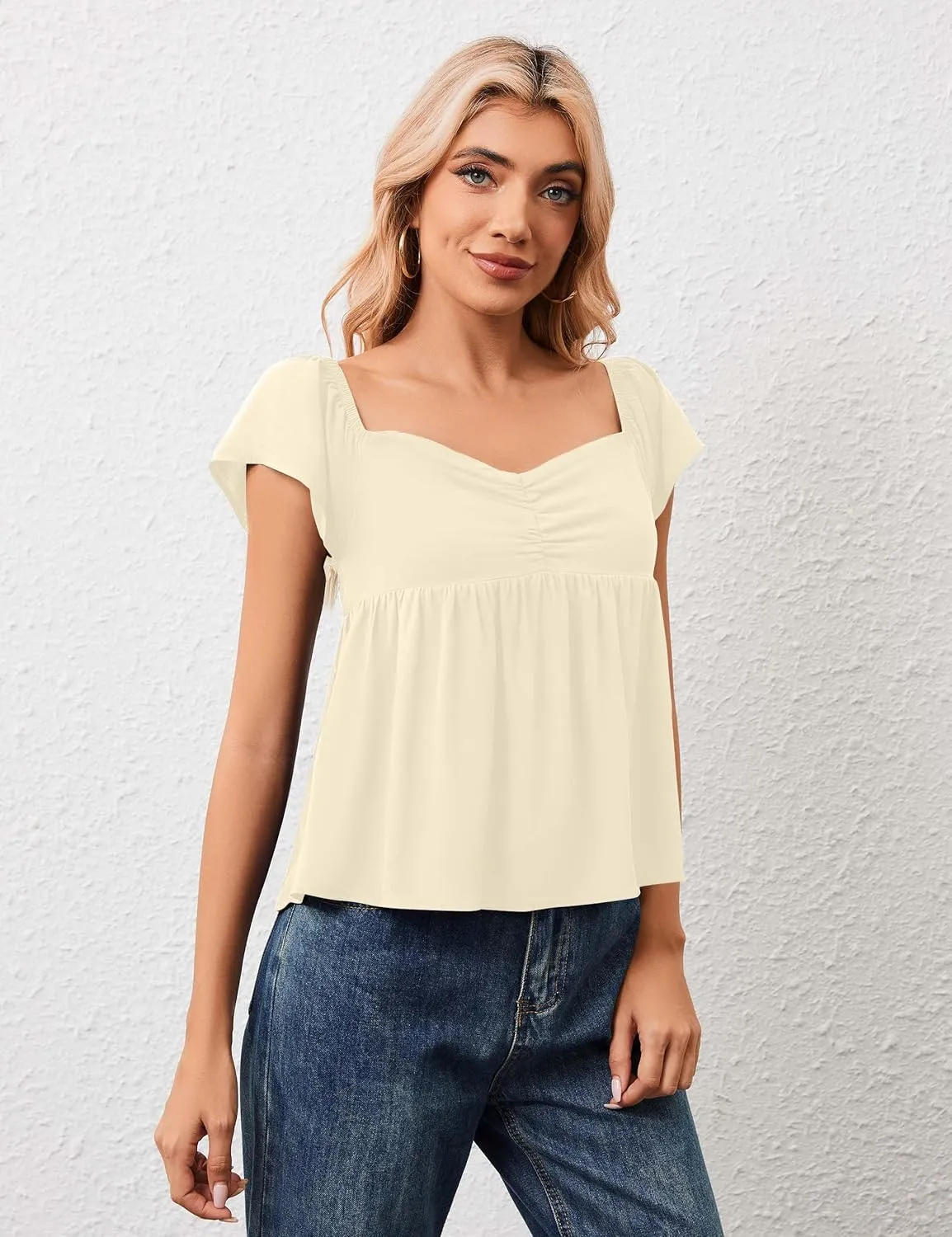 Peplum Tank Tops for Women Flutter Ruffle Short Sleeve Sweetheart Neck Cute Flowy Smocked Back Babydoll Tank Tops
