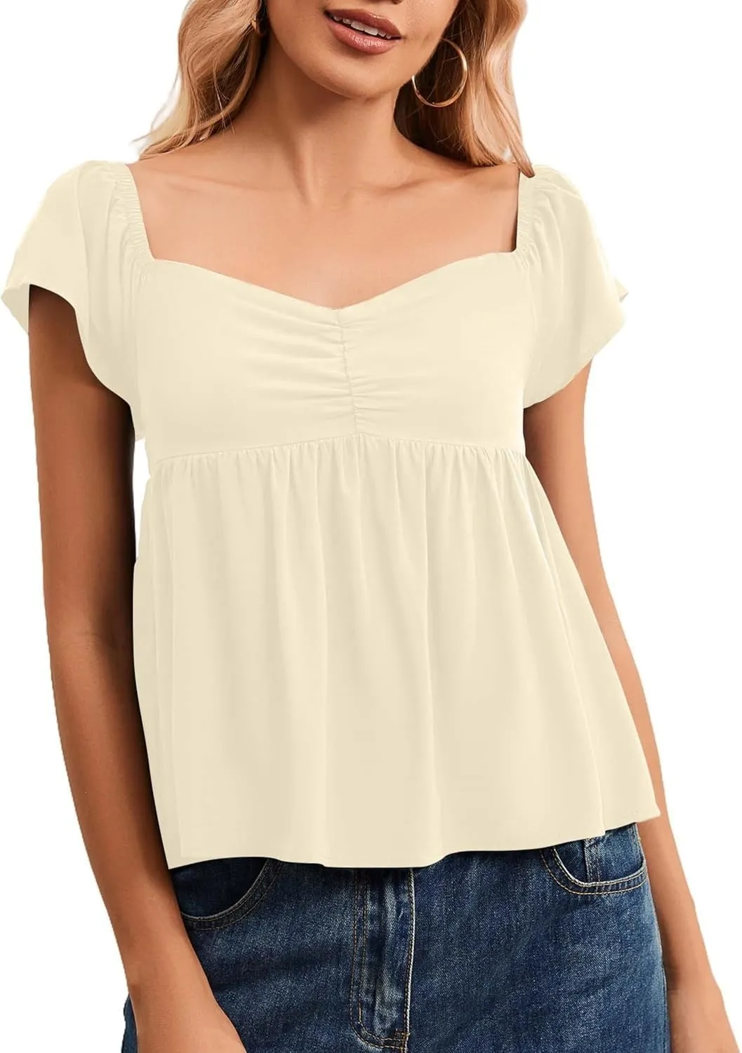 Peplum Tank Tops for Women Flutter Ruffle Short Sleeve Sweetheart Neck Cute Flowy Smocked Back Babydoll Tank Tops
