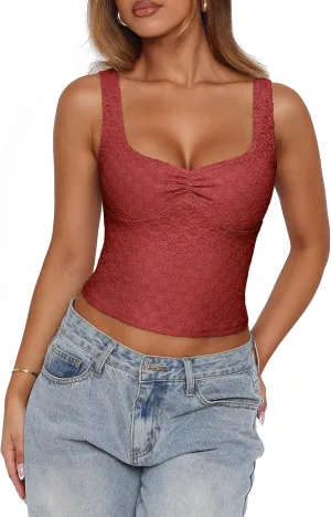 PINKMSTYLE Women Sexy Square Neck Tank Tops Slim Sleeveless Double Lined Going Out Fashion Lace Backless Y2K Tops