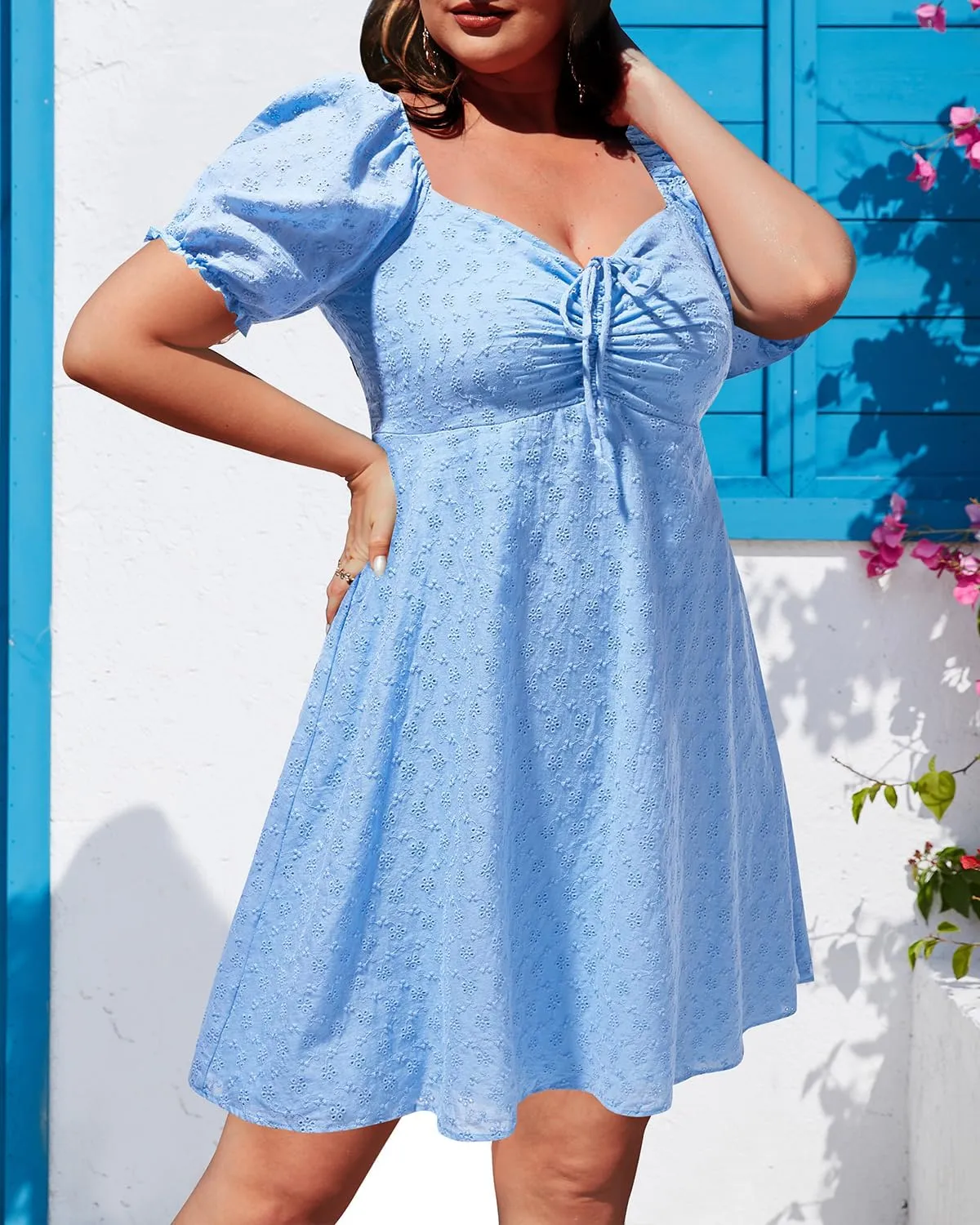 Pinup Fashion Plus Size Casual Eyelet Puff Sleeve Short Summer Sundress A Line Babydoll Cute Mini Dress