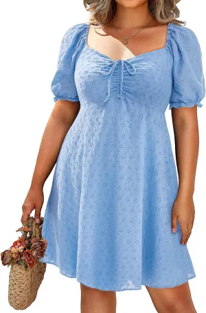 Pinup Fashion Plus Size Casual Eyelet Puff Sleeve Short Summer Sundress A Line Babydoll Cute Mini Dress