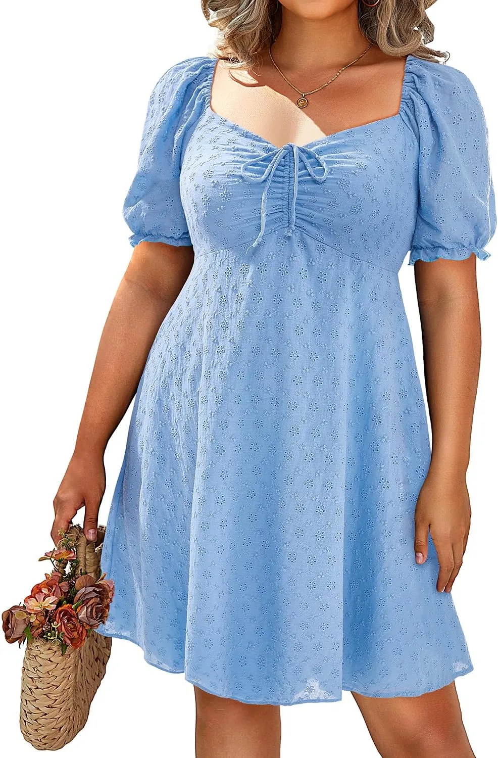 Pinup Fashion Plus Size Casual Eyelet Puff Sleeve Short Summer Sundress A Line Babydoll Cute Mini Dress