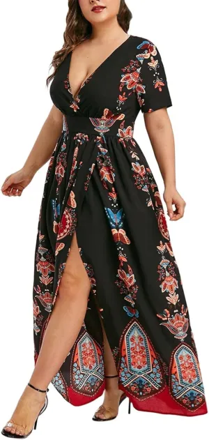 Plus Size Dresses for Curvy Women,2024 Spring Summer Elegant Wrap V Neck Bodycon Maxi Dress,Trendy Vintage Floral Print Short Sleeve Boho Dress,Flowy Ruched High Slit Beach Dress(D-Black,XL)