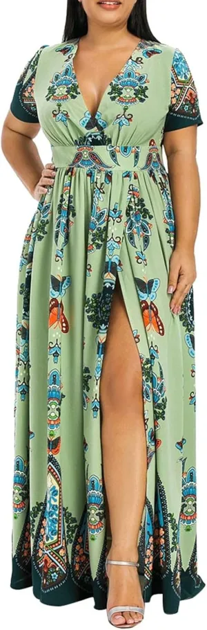 Plus Size Dresses for Curvy Women,2024 Spring Summer Elegant Wrap V Neck Bodycon Maxi Dress,Trendy Vintage Floral Print Short Sleeve Boho Dress,Flowy Ruched High Slit Beach Dress(D-Green,XL)