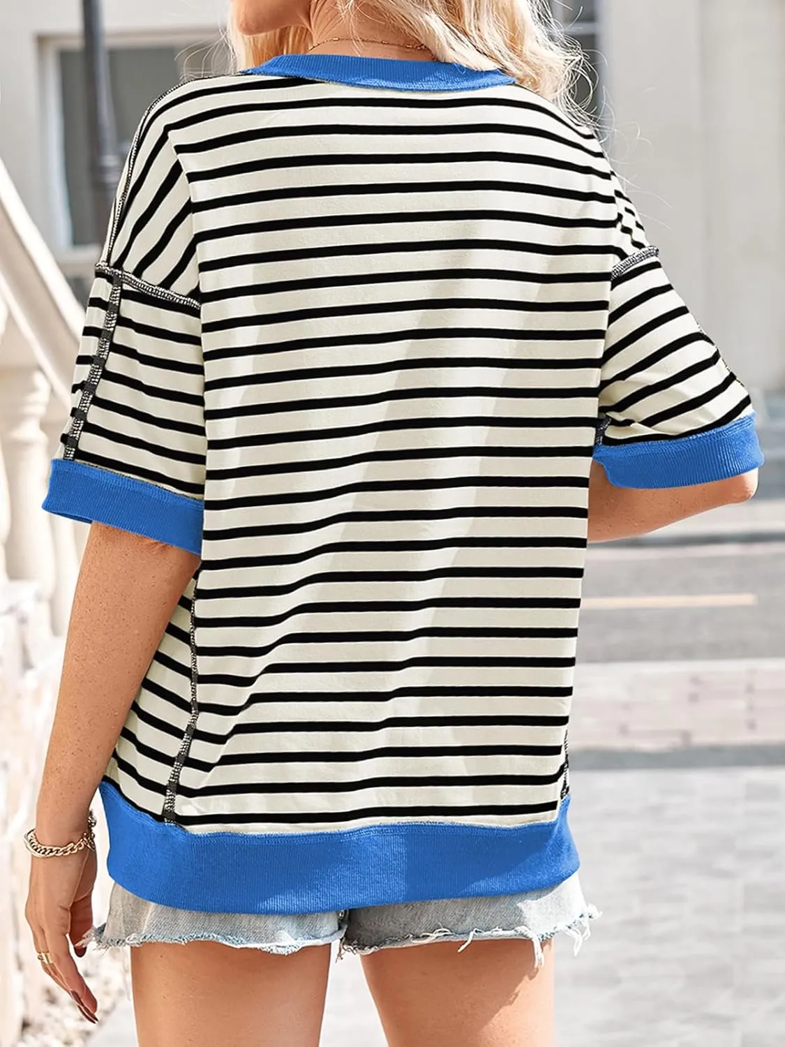 Poetsky Womens Oversized Tops Casual Short Sleeve Striped Shirts Summer Crewneck Pullover Sweatshirt Loose Blouses