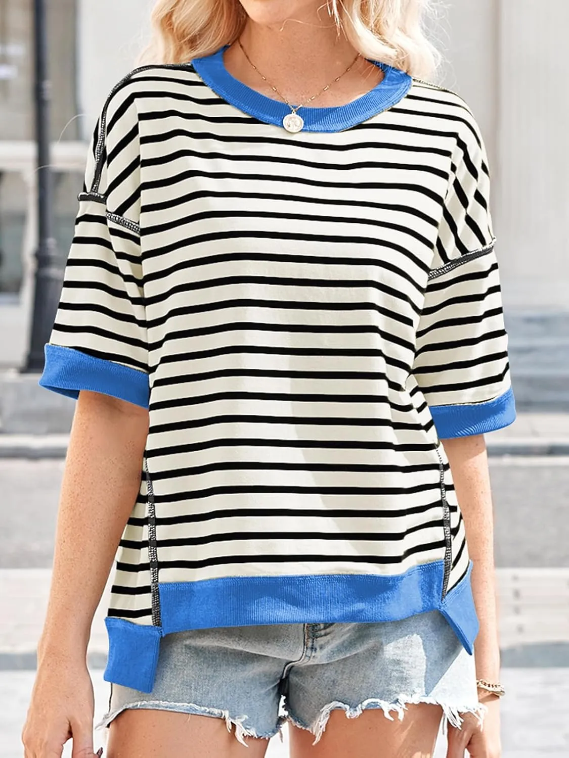Poetsky Womens Oversized Tops Casual Short Sleeve Striped Shirts Summer Crewneck Pullover Sweatshirt Loose Blouses