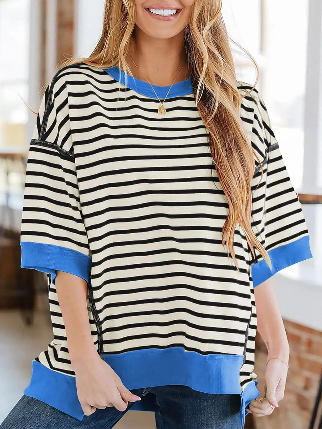 Poetsky Womens Oversized Tops Casual Short Sleeve Striped Shirts Summer Crewneck Pullover Sweatshirt Loose Blouses