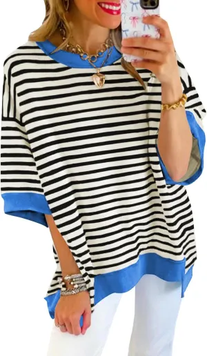 Poetsky Womens Oversized Tops Casual Short Sleeve Striped Shirts Summer Crewneck Pullover Sweatshirt Loose Blouses