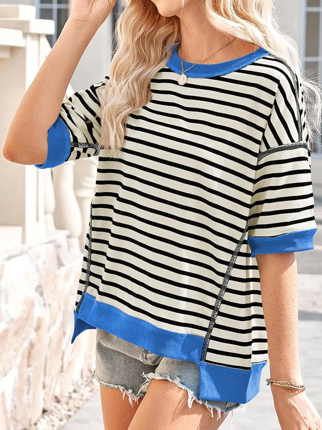 Poetsky Womens Oversized Tops Casual Short Sleeve Striped Shirts Summer Crewneck Pullover Sweatshirt Loose Blouses