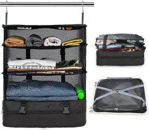Portable Travel Hanging Shelves Packing Cube Bag Organizer Compression Closet Storage Organizer Collapsible Luggage Suitcase Storage Bag Travel Essentials,Large Capacity(BLACK, X-Large)