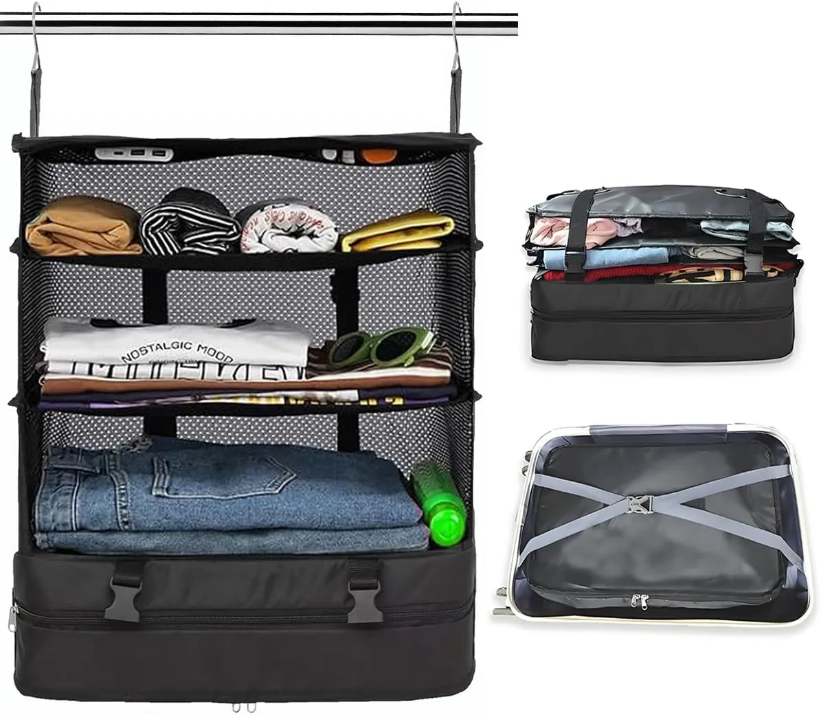Portable Travel Hanging Shelves Packing Cube Bag Organizer Compression Closet Storage Organizer Collapsible Luggage Suitcase Storage Bag Travel Essentials,Large Capacity(BLACK, X-Large)
