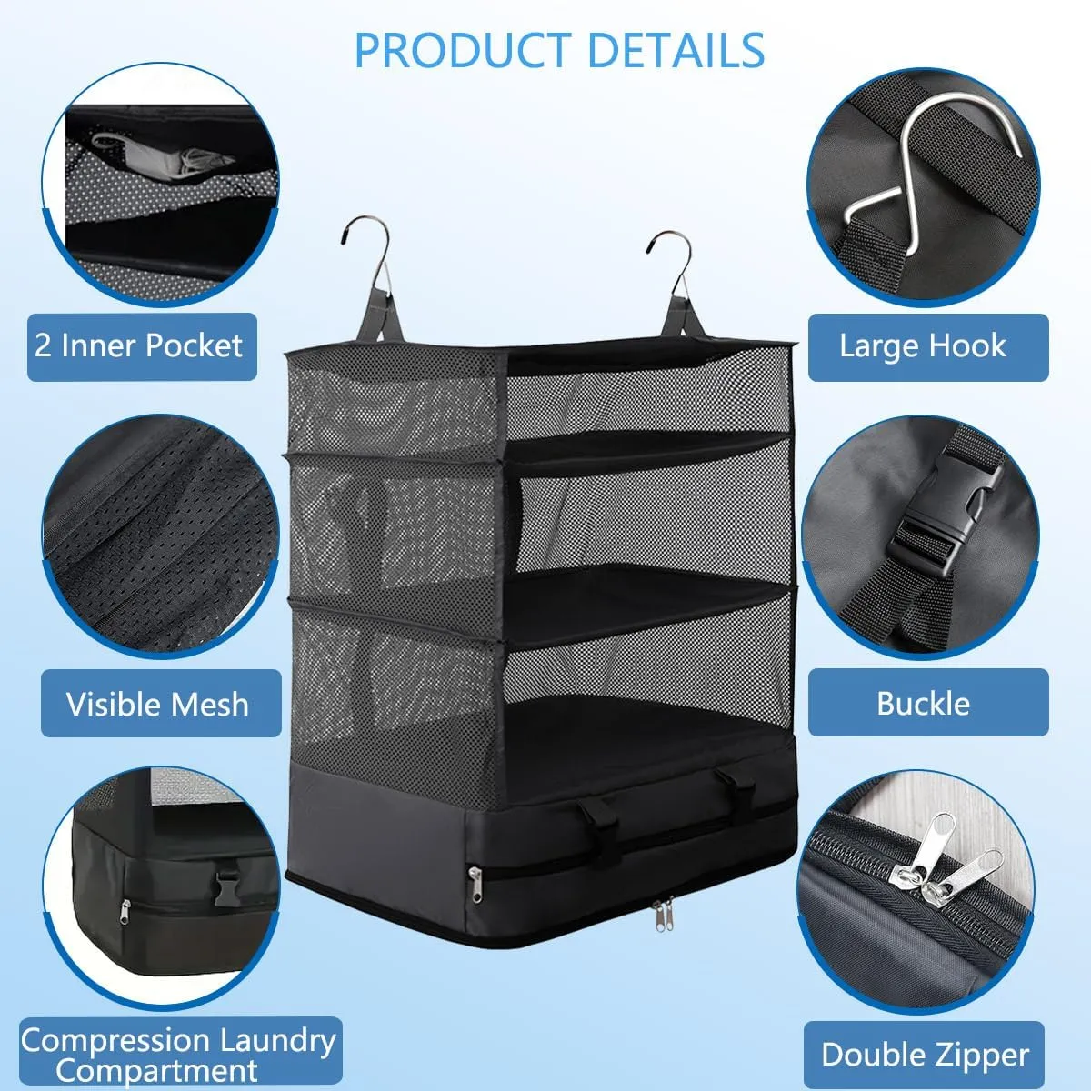 Portable Travel Hanging Shelves Packing Cube Bag Organizer Compression Closet Storage Organizer Collapsible Luggage Suitcase Storage Bag Travel Essentials,Large Capacity(BLACK, X-Large)