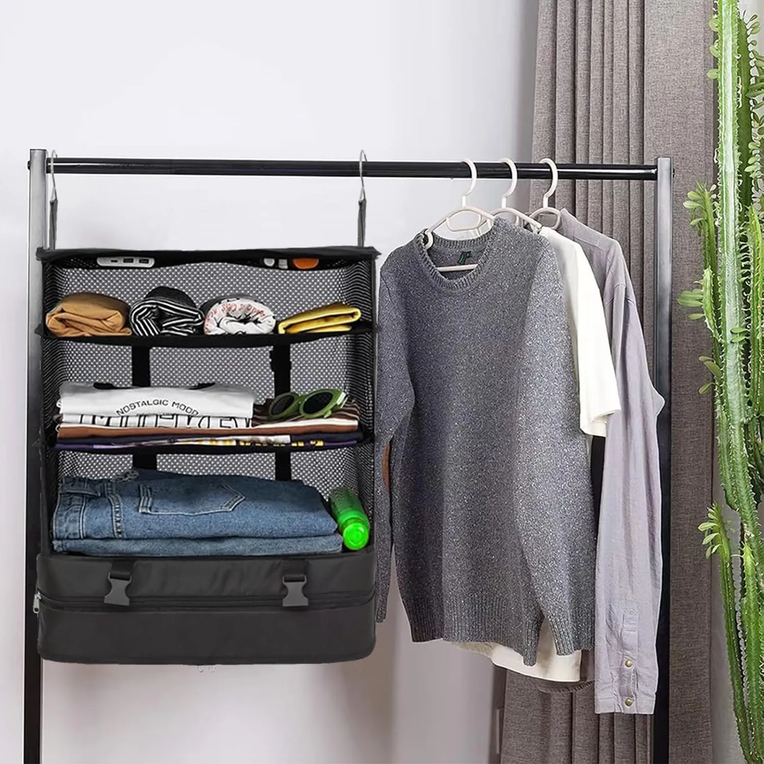 Portable Travel Hanging Shelves Packing Cube Bag Organizer Compression Closet Storage Organizer Collapsible Luggage Suitcase Storage Bag Travel Essentials,Large Capacity(BLACK, X-Large)