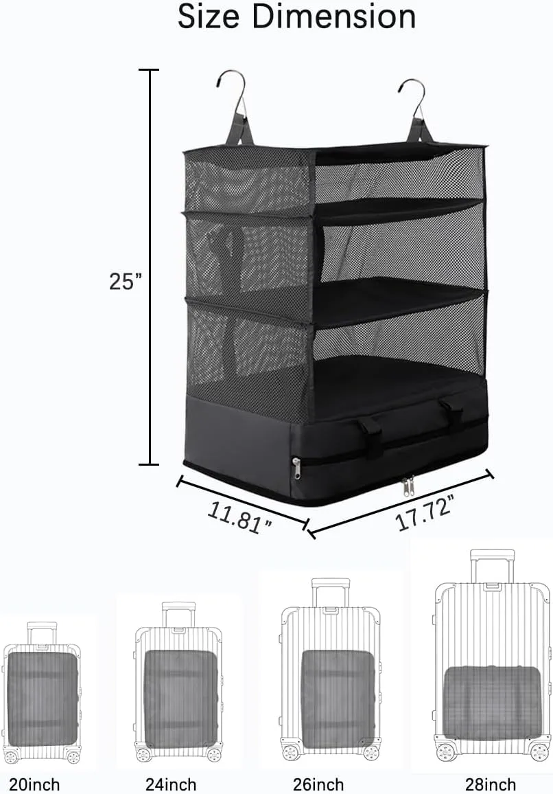 Portable Travel Hanging Shelves Packing Cube Bag Organizer Compression Closet Storage Organizer Collapsible Luggage Suitcase Storage Bag Travel Essentials,Large Capacity(BLACK, X-Large)