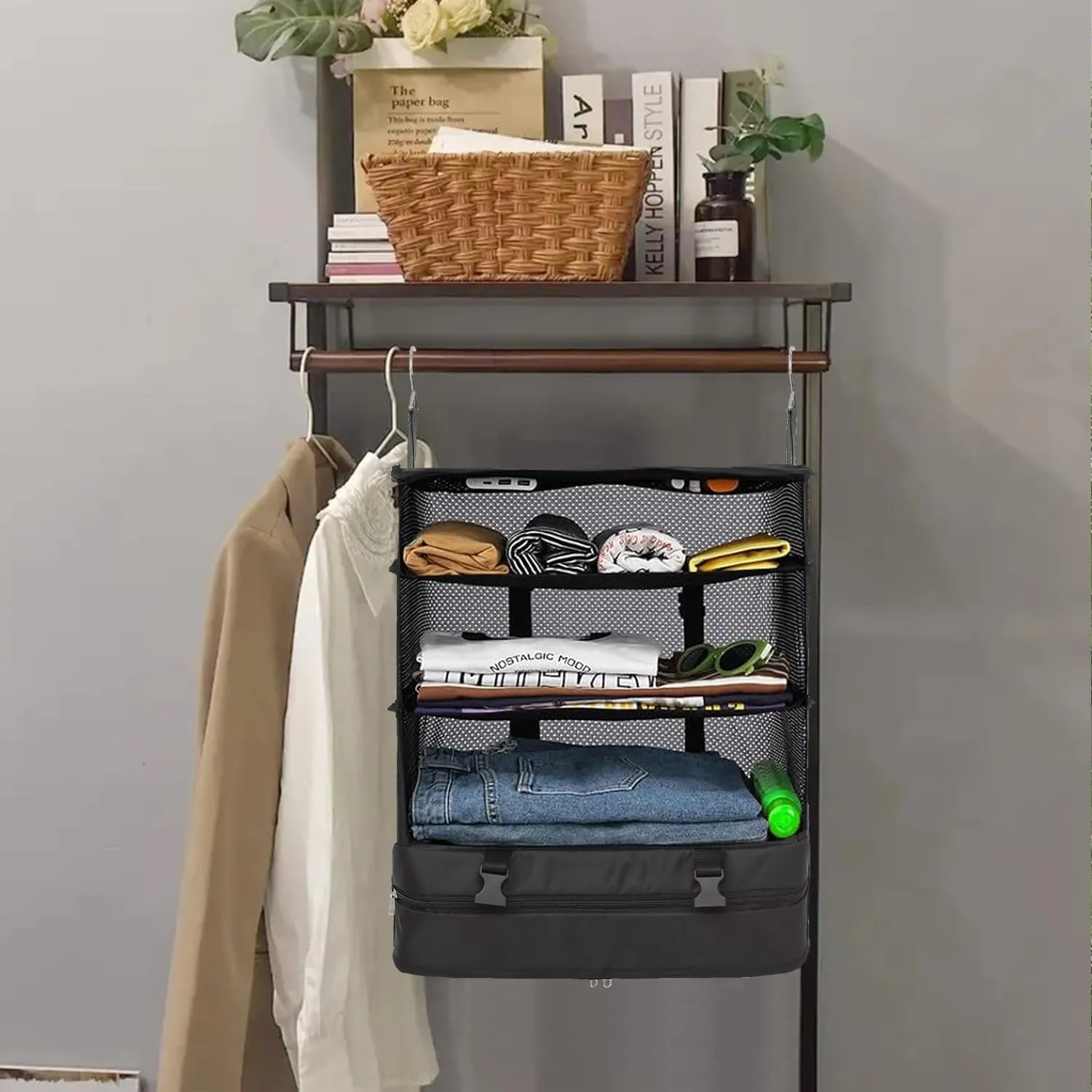 Portable Travel Hanging Shelves Packing Cube Bag Organizer Compression Closet Storage Organizer Collapsible Luggage Suitcase Storage Bag Travel Essentials,Large Capacity(BLACK, X-Large)