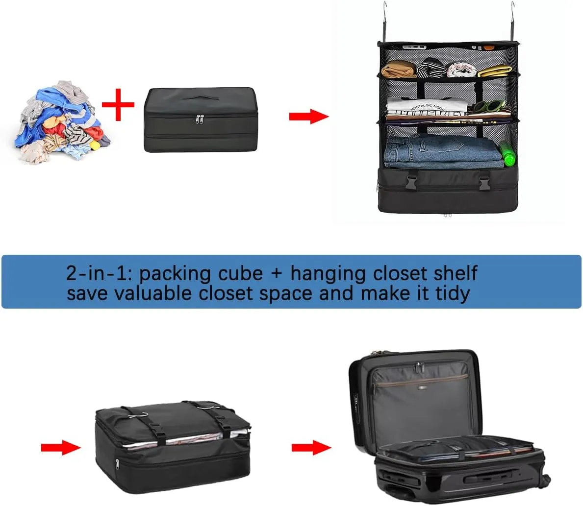 Portable Travel Hanging Shelves Packing Cube Bag Organizer Compression Closet Storage Organizer Collapsible Luggage Suitcase Storage Bag Travel Essentials,Large Capacity(BLACK, X-Large)