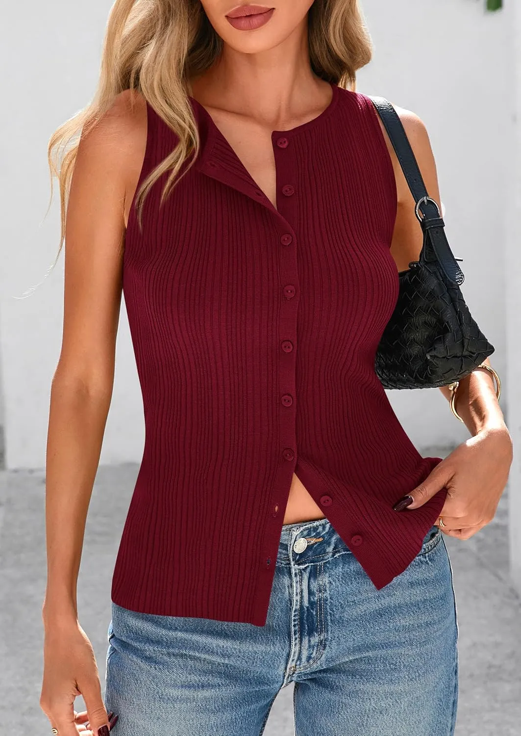 PRETTYGARDEN Women's Ribbed Tank Tops Summer 2025 Open Front Button Down Sleeveless Shirts Going Out Spring Fashion Vest Tops