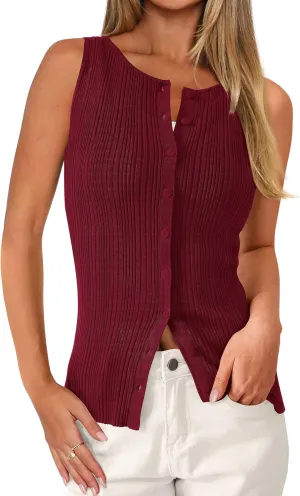 PRETTYGARDEN Women's Ribbed Tank Tops Summer 2025 Open Front Button Down Sleeveless Shirts Going Out Spring Fashion Vest Tops