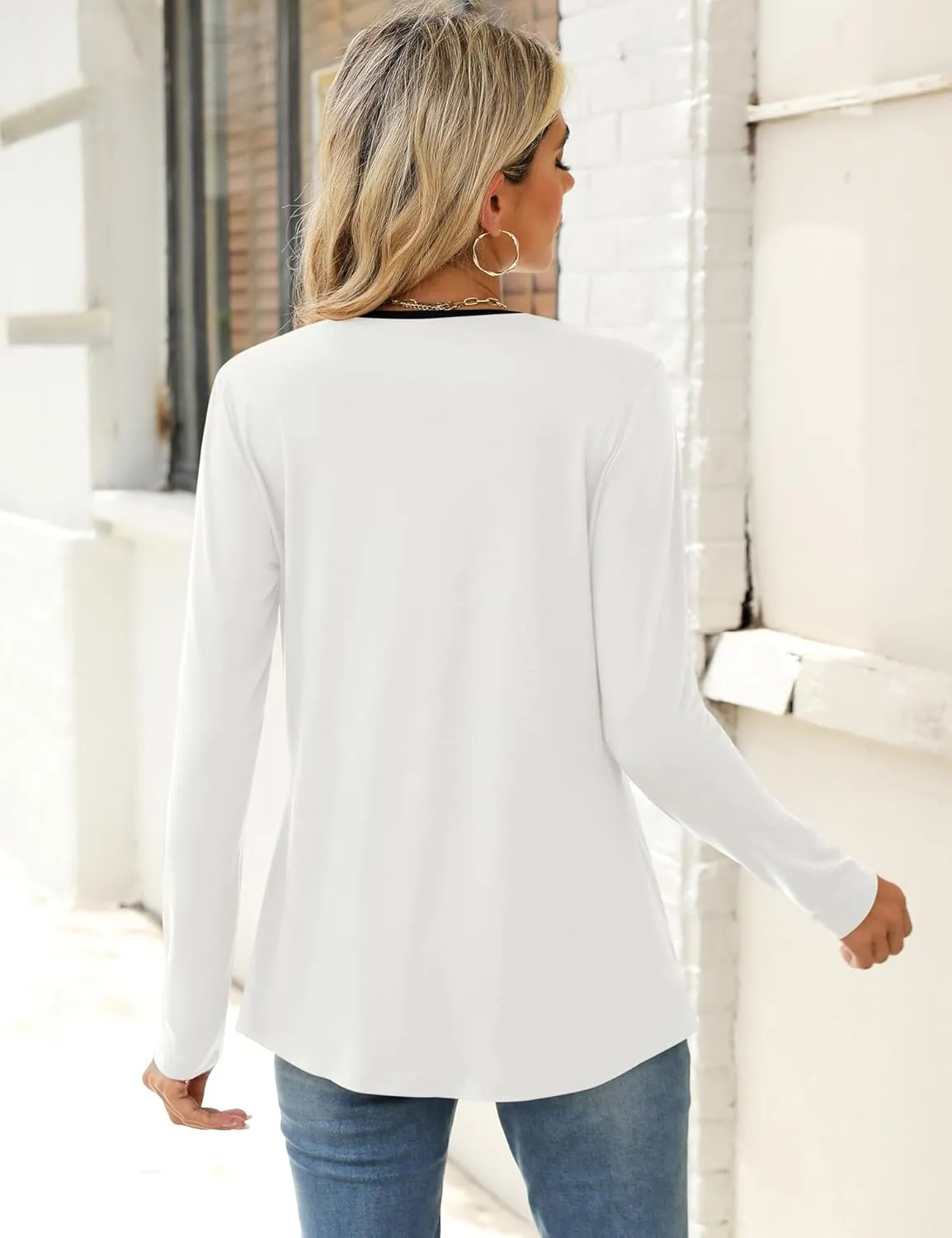 Qirno Womens Tops Fall 2024 Long Sleeve Blouses Dressy Casual V Neck Pleated Work Shirts