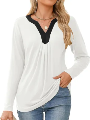 Qirno Womens Tops Fall 2024 Long Sleeve Blouses Dressy Casual V Neck Pleated Work Shirts