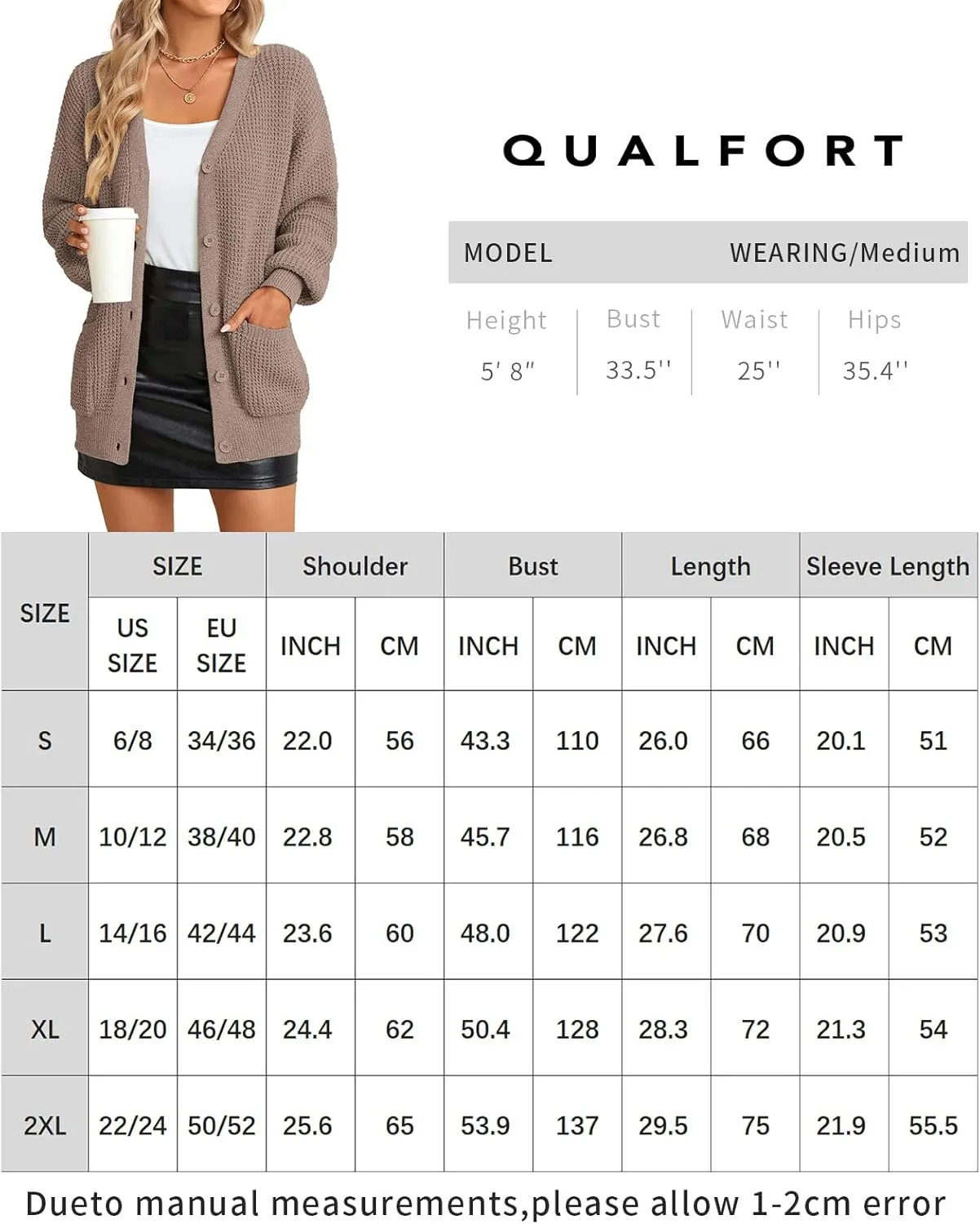 QUALFORT Women's Cardigan Sweater 100% Cotton Button-Down Long Sleeve Oversized Knit Cardigans with Pockets