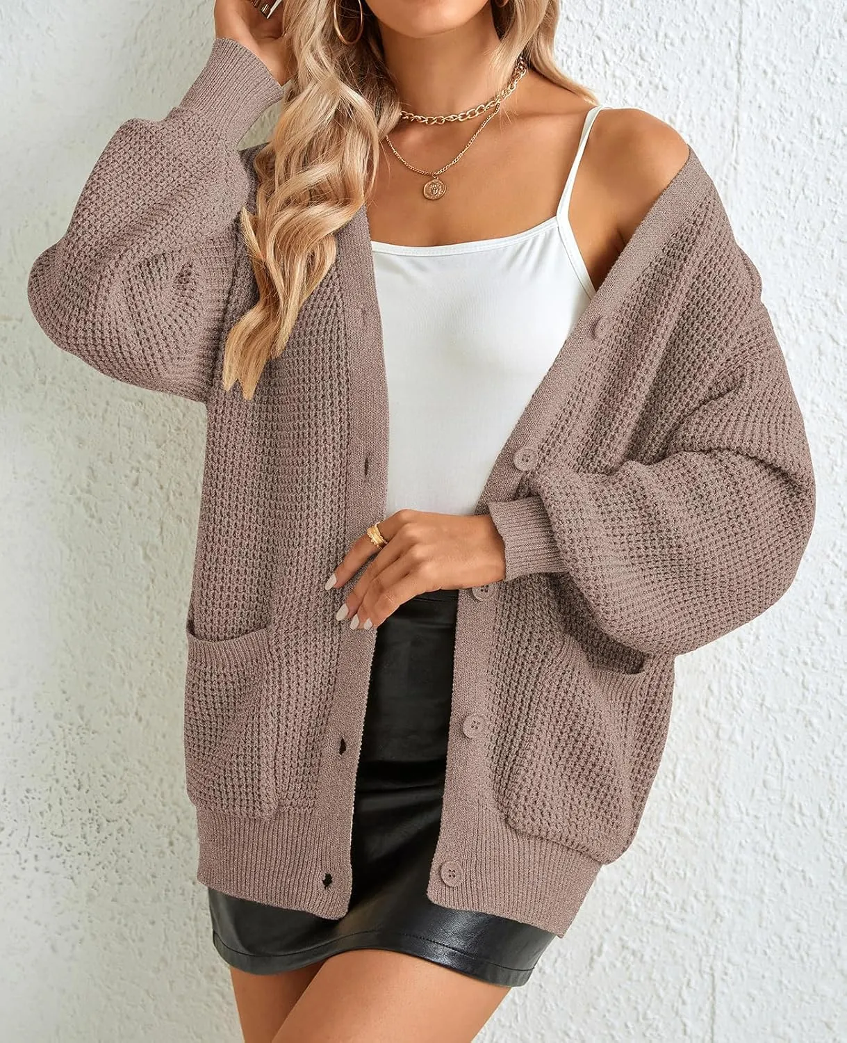 QUALFORT Women's Cardigan Sweater 100% Cotton Button-Down Long Sleeve Oversized Knit Cardigans with Pockets