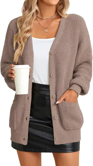 QUALFORT Women's Cardigan Sweater 100% Cotton Button-Down Long Sleeve Oversized Knit Cardigans with Pockets