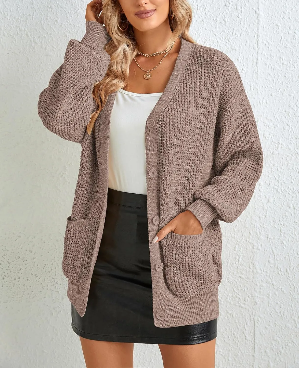 QUALFORT Women's Cardigan Sweater 100% Cotton Button-Down Long Sleeve Oversized Knit Cardigans with Pockets