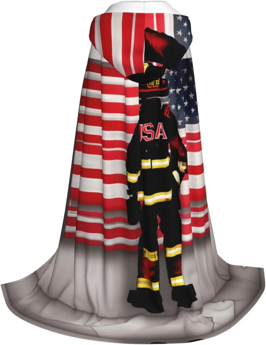 Red Stripe Firefighter Usa Flag Print Halloween Hooded Cloak Full Length Cape With Hood For Men And Women For Carnival