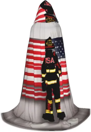 Red Stripe Firefighter Usa Flag Print Halloween Hooded Cloak Full Length Cape With Hood For Men And Women For Carnival