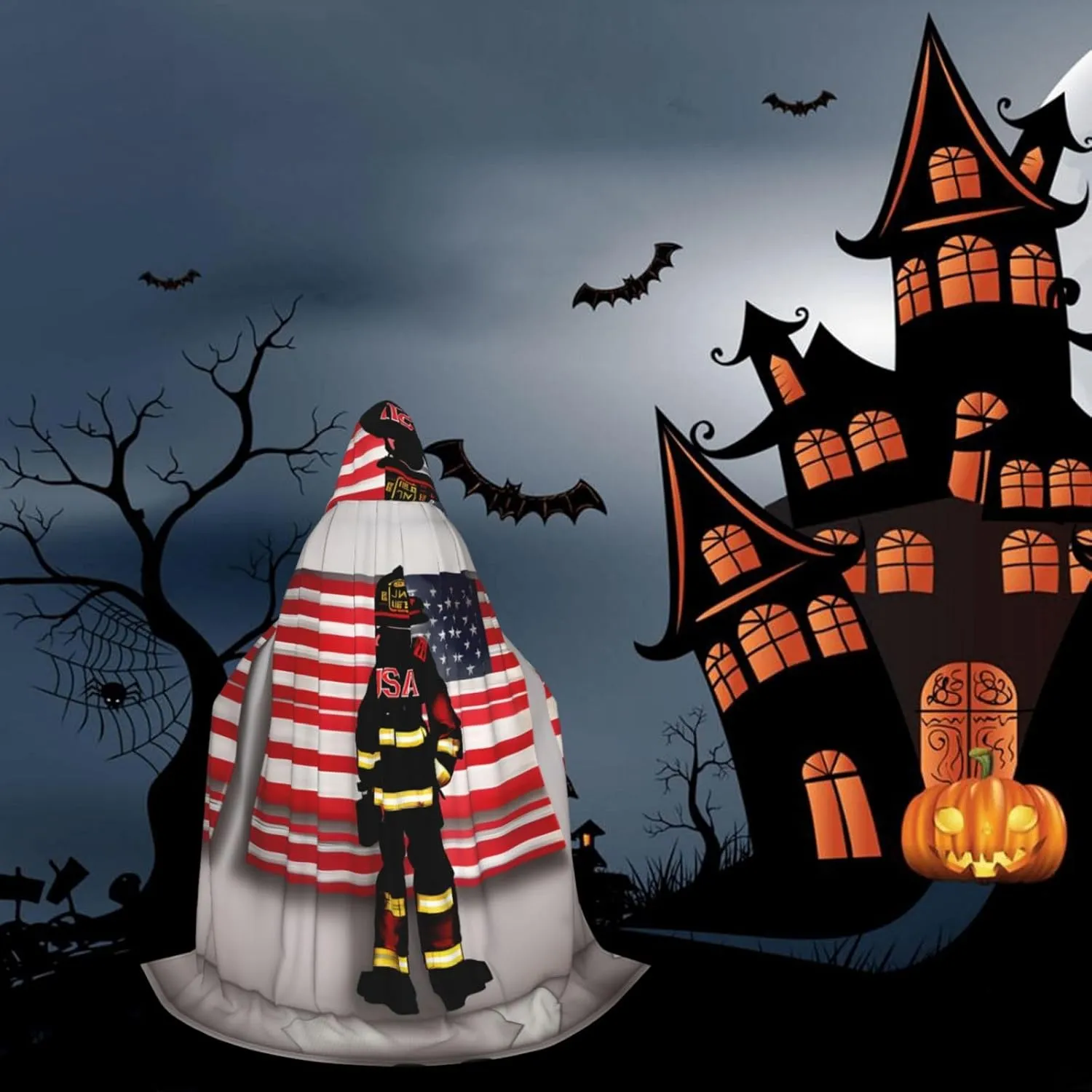 Red Stripe Firefighter Usa Flag Print Halloween Hooded Cloak Full Length Cape With Hood For Men And Women For Carnival