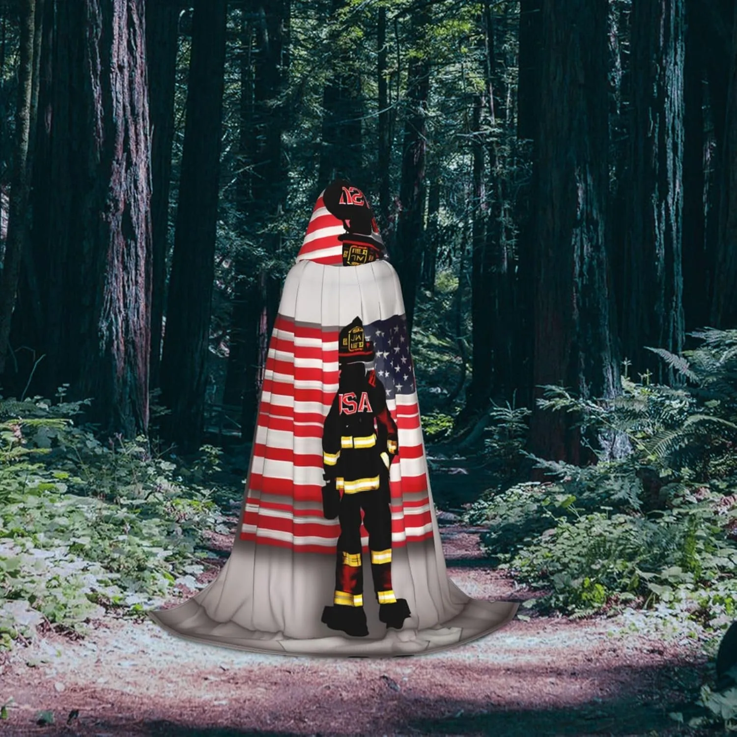 Red Stripe Firefighter Usa Flag Print Halloween Hooded Cloak Full Length Cape With Hood For Men And Women For Carnival