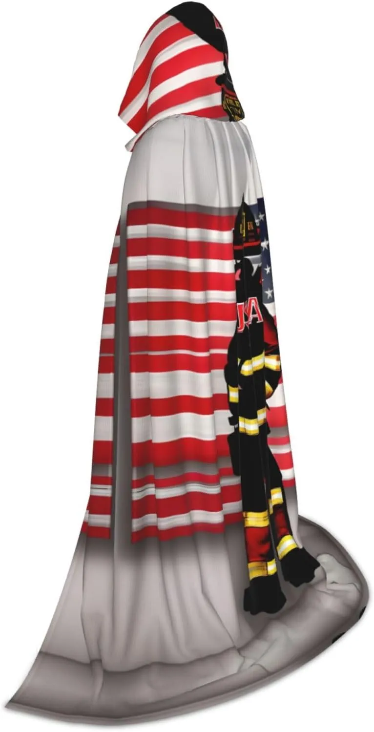 Red Stripe Firefighter Usa Flag Print Halloween Hooded Cloak Full Length Cape With Hood For Men And Women For Carnival