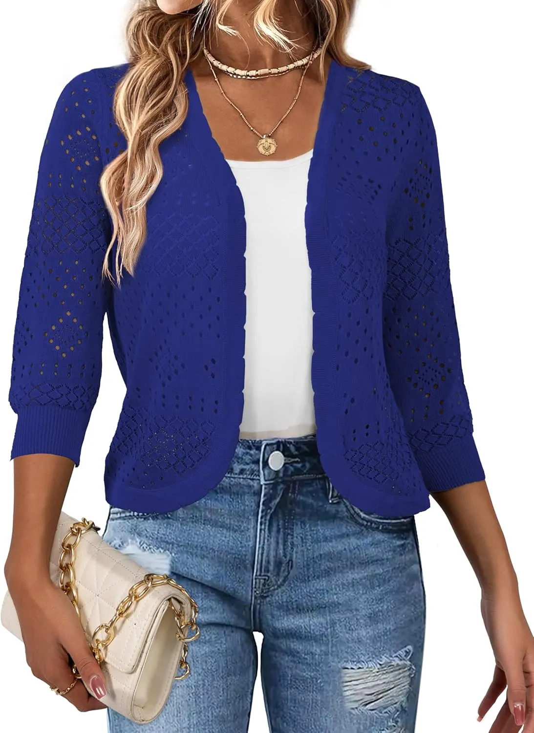 REDHOTYPE Women's 3/4 Sleeve Cardigan Open Front Cropped Shrugs Summer Hollowed Lightweight Cardigans Sweater,Apricot,S