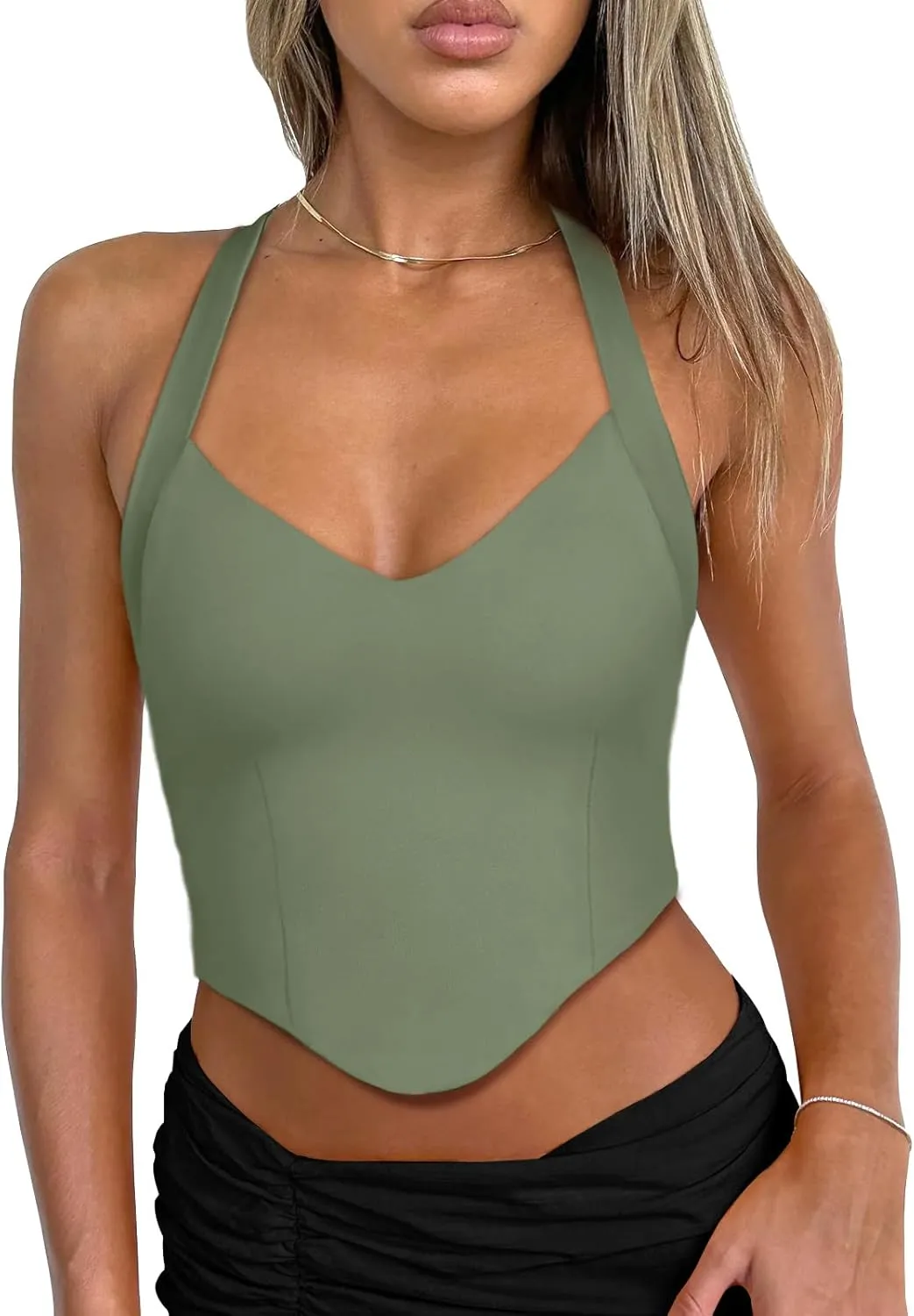 REORIA Butsmooth Double Lined Sexy Halter Tops Camisole V Neck Sleeveless Corset Y2K Going Out Crop Tank Tops for Women