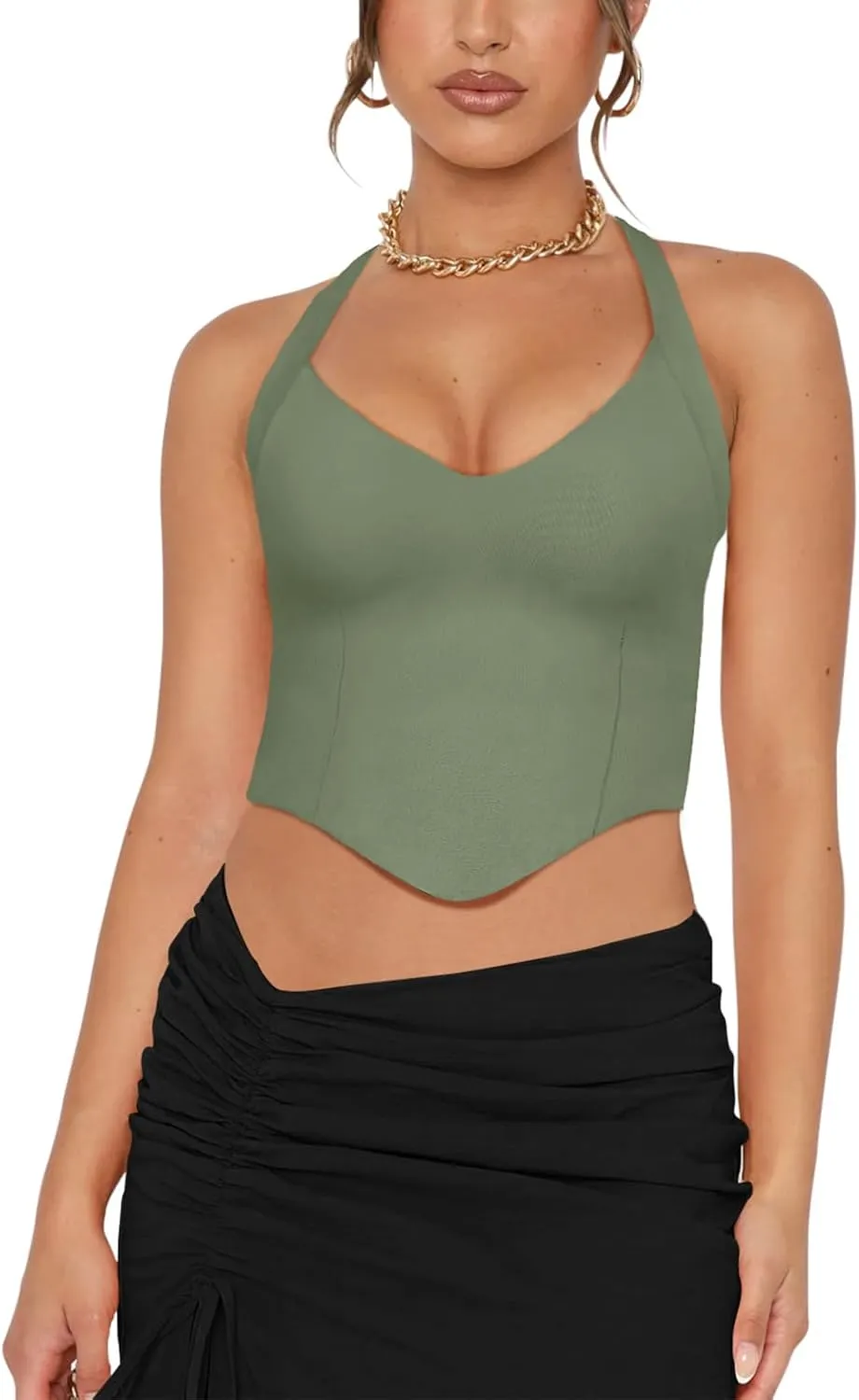 REORIA Butsmooth Double Lined Sexy Halter Tops Camisole V Neck Sleeveless Corset Y2K Going Out Crop Tank Tops for Women