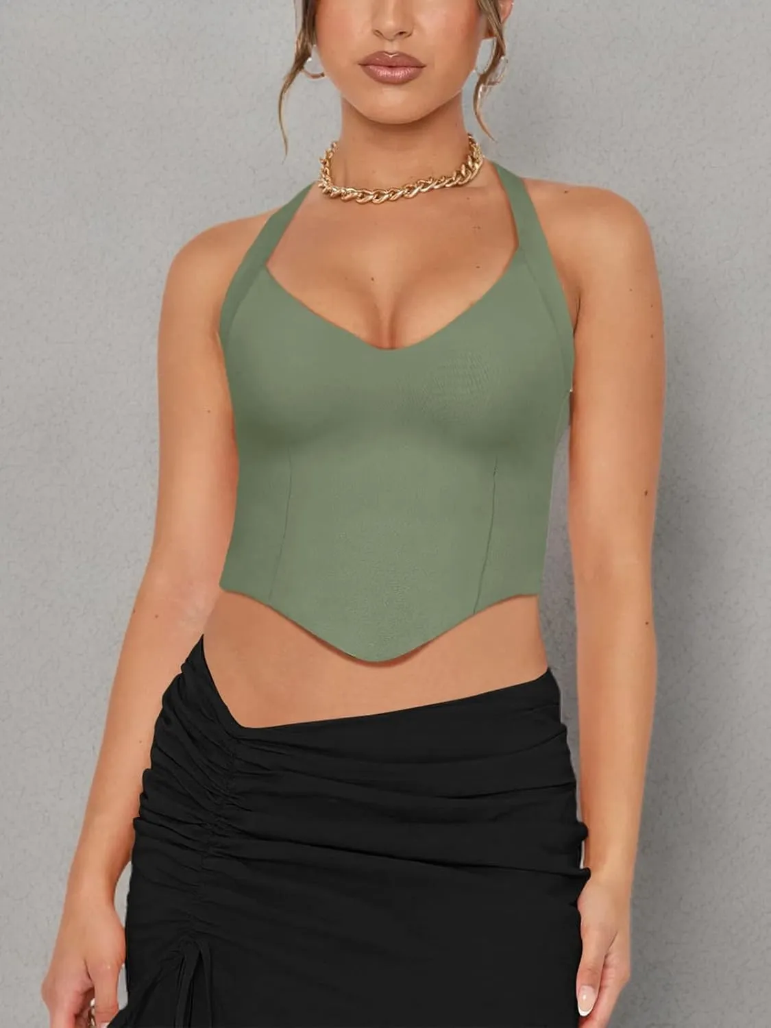 REORIA Butsmooth Double Lined Sexy Halter Tops Camisole V Neck Sleeveless Corset Y2K Going Out Crop Tank Tops for Women