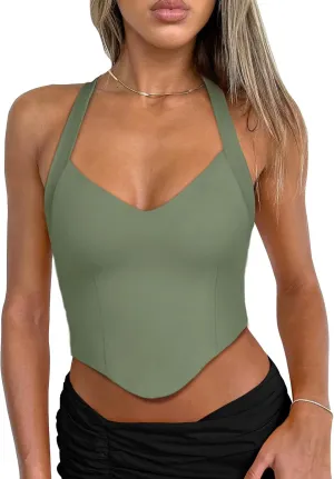 REORIA Butsmooth Double Lined Sexy Halter Tops Camisole V Neck Sleeveless Corset Y2K Going Out Crop Tank Tops for Women